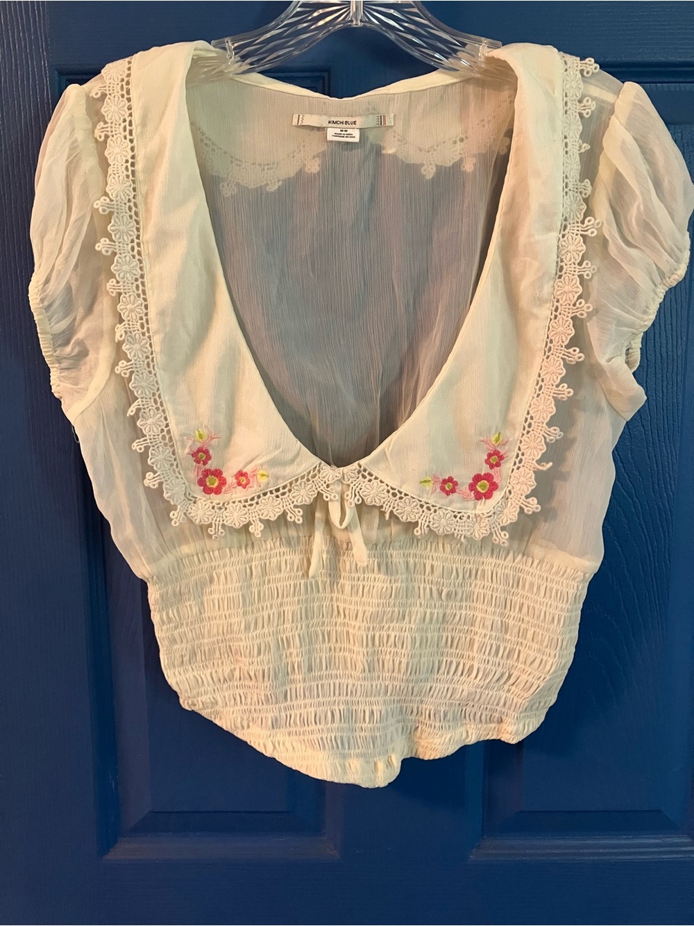 Mango Cream Puff-Sleeve Blouse with Pink Floral Embroidery